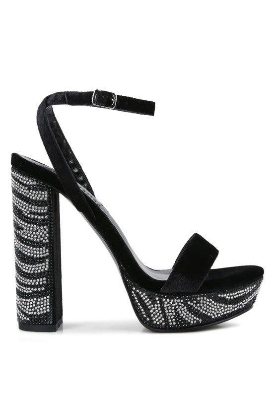 ZIRCON Diamante Studded High Block Heel Sandals - A&S All things Glam Boutique