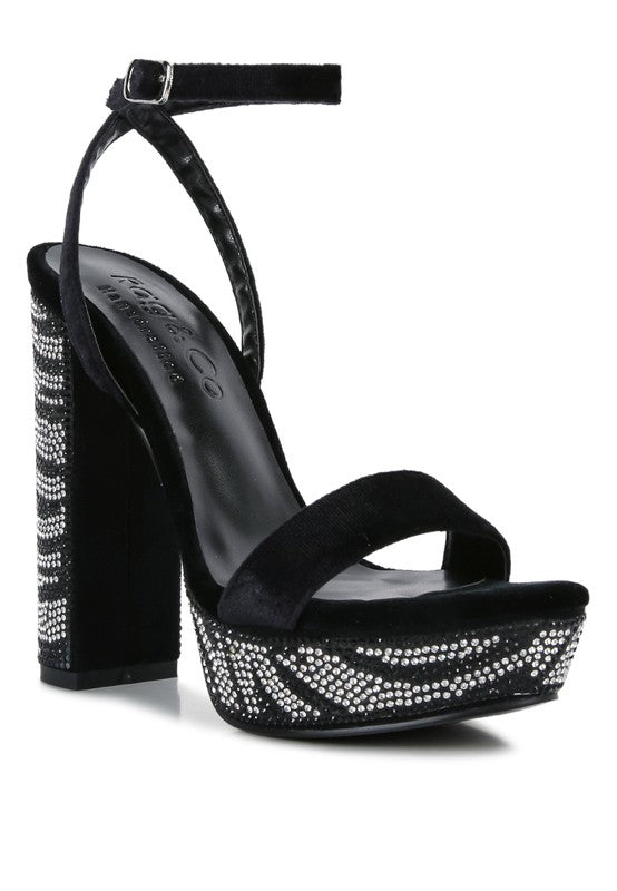 ZIRCON Diamante Studded High Block Heel Sandals - A&S All things Glam Boutique