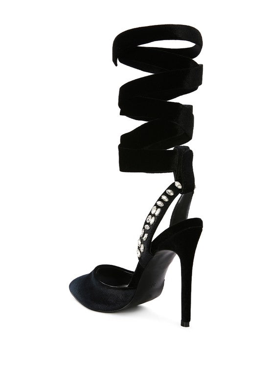 WALLIS Velvet Diamante Tie Up High Heeled Sandals - A&S All things Glam Boutique