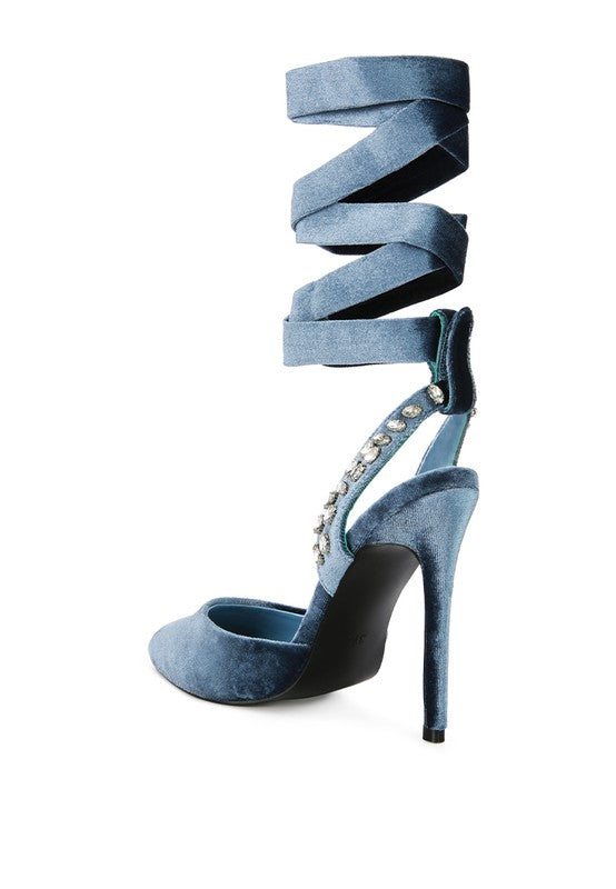 WALLIS Velvet Diamante Tie Up High Heeled Sandals - A&S All things Glam Boutique