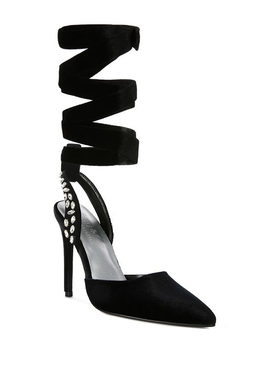 WALLIS Velvet Diamante Tie Up High Heeled Sandals - A&S All things Glam Boutique