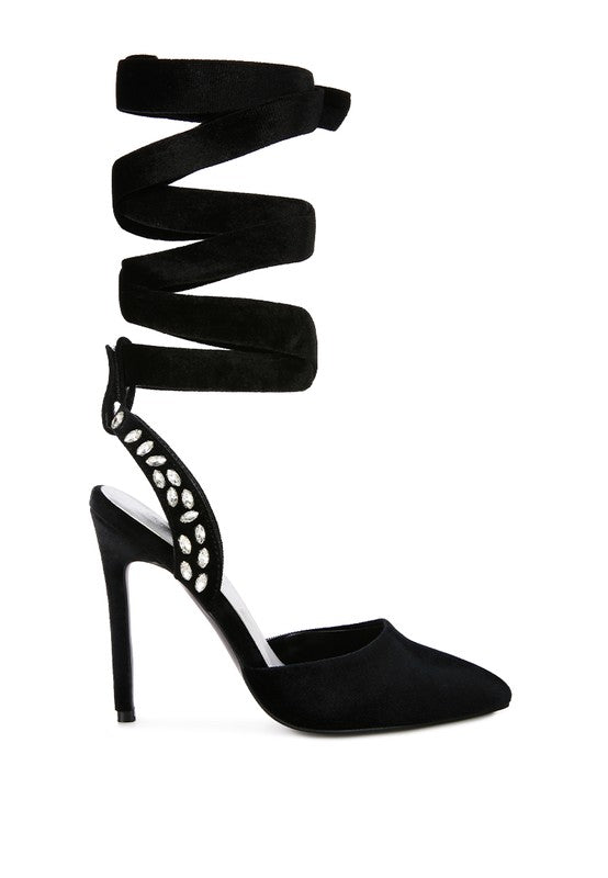 WALLIS Velvet Diamante Tie Up High Heeled Sandals - A&S All things Glam Boutique