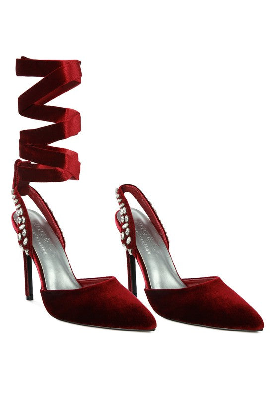 WALLIS Velvet Diamante Tie Up High Heeled Sandals - A&S All things Glam Boutique
