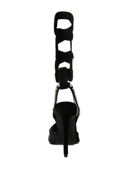 WALLIS Velvet Diamante Tie Up High Heeled Sandals - A&S All things Glam Boutique