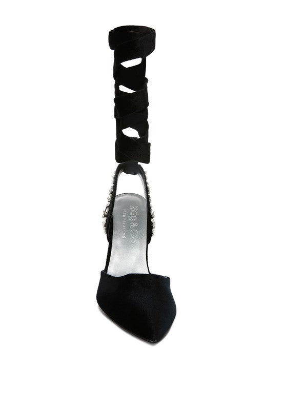 WALLIS Velvet Diamante Tie Up High Heeled Sandals - A&S All things Glam Boutique