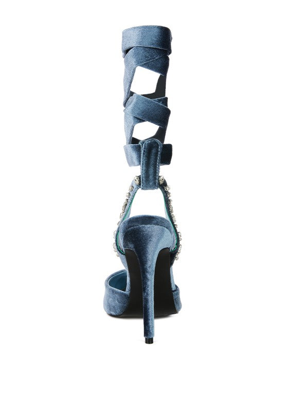 WALLIS Velvet Diamante Tie Up High Heeled Sandals - A&S All things Glam Boutique