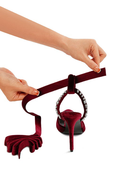 WALLIS Velvet Diamante Tie Up High Heeled Sandals - A&S All things Glam Boutique