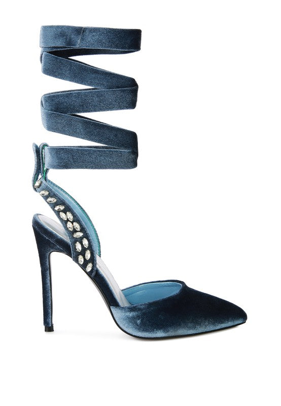 WALLIS Velvet Diamante Tie Up High Heeled Sandals - A&S All things Glam Boutique