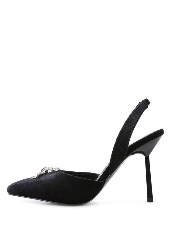 Firebird Velvet Diamante Heeled Slingback Mules - A&S All things Glam Boutique