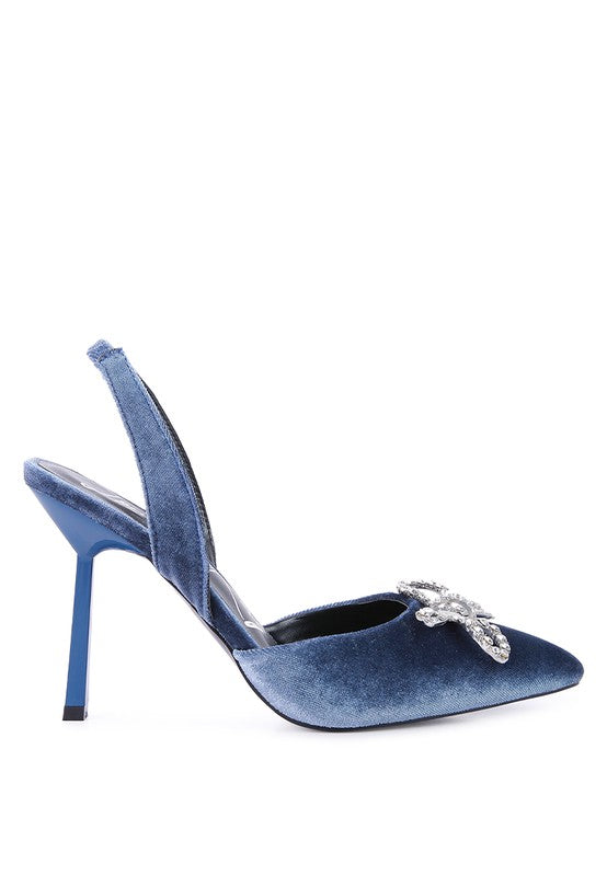Firebird Velvet Diamante Heeled Slingback Mules - A&S All things Glam Boutique