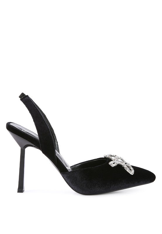 Firebird Velvet Diamante Heeled Slingback Mules - A&S All things Glam Boutique