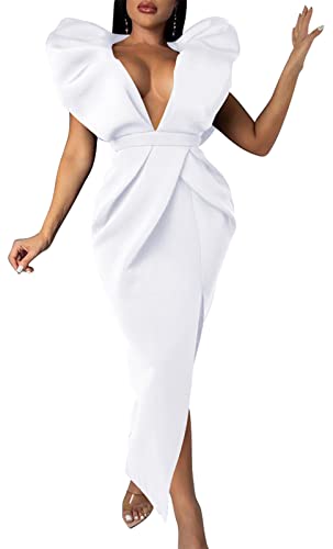 Patti Puff Sleeve Side Split Ruched Backless Gown Dress