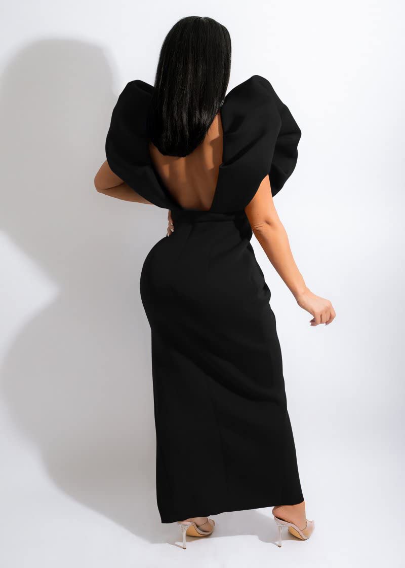 Patti Puff Sleeve Side Split Ruched Backless Gown Dress