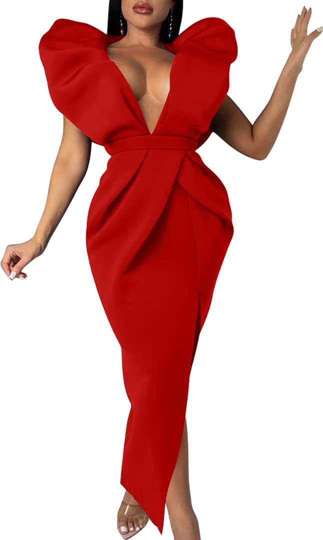 Patti Puff Sleeve Side Split Ruched Backless Gown Dress