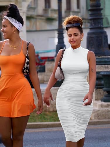 Sexy Bodycon High Neck Sleeveless Ruched Midi Cocktail Party Dress