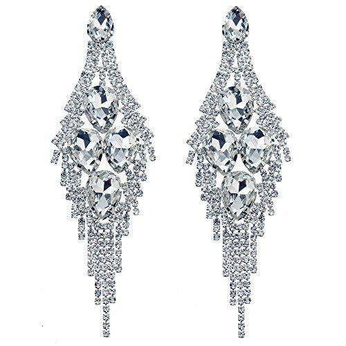 Silver Teardrop Crystal Long Tassels Dangle Earrings Sparkling Rhinestone - A&S All things Glam Boutique