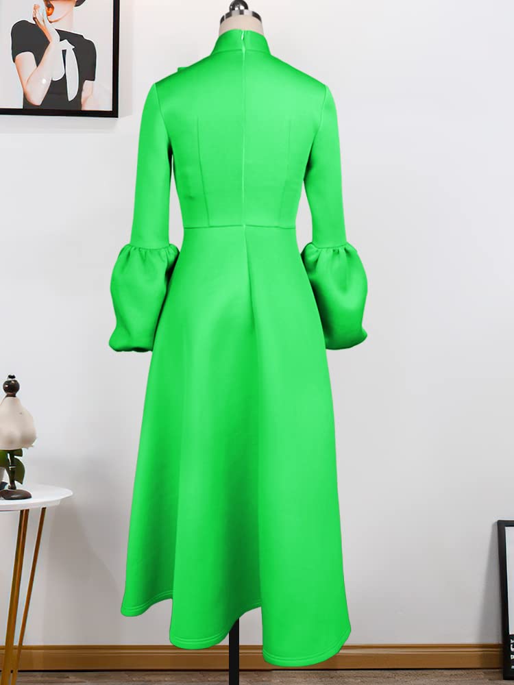 AOMEI Women's Bowtie Neck Lantern Sleeve High Waist A-Line Long Dress