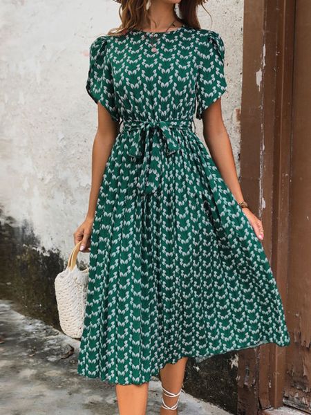 Printed Short Sleeve Midi Dress
