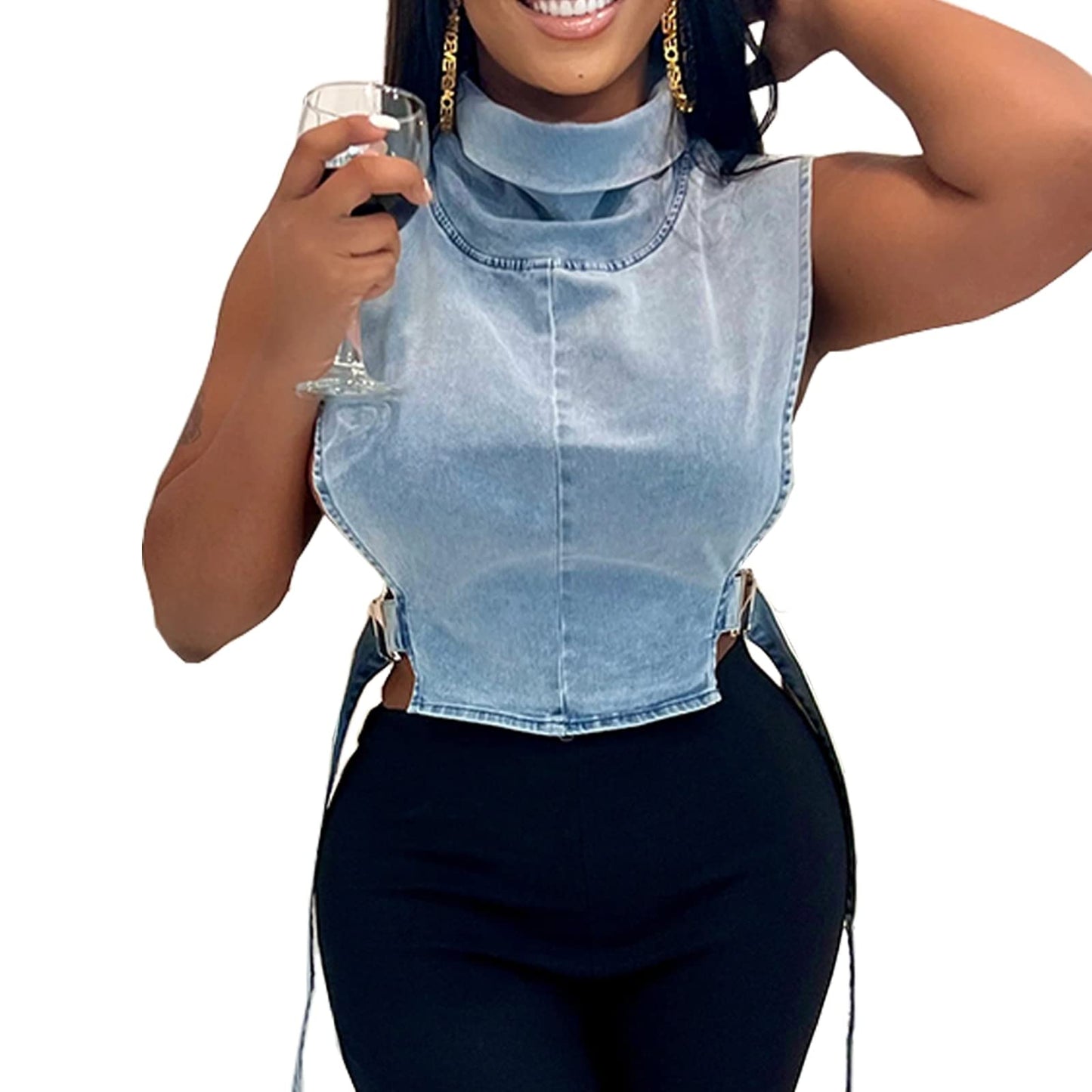Denim Cropped Vest Casual Lace-Up