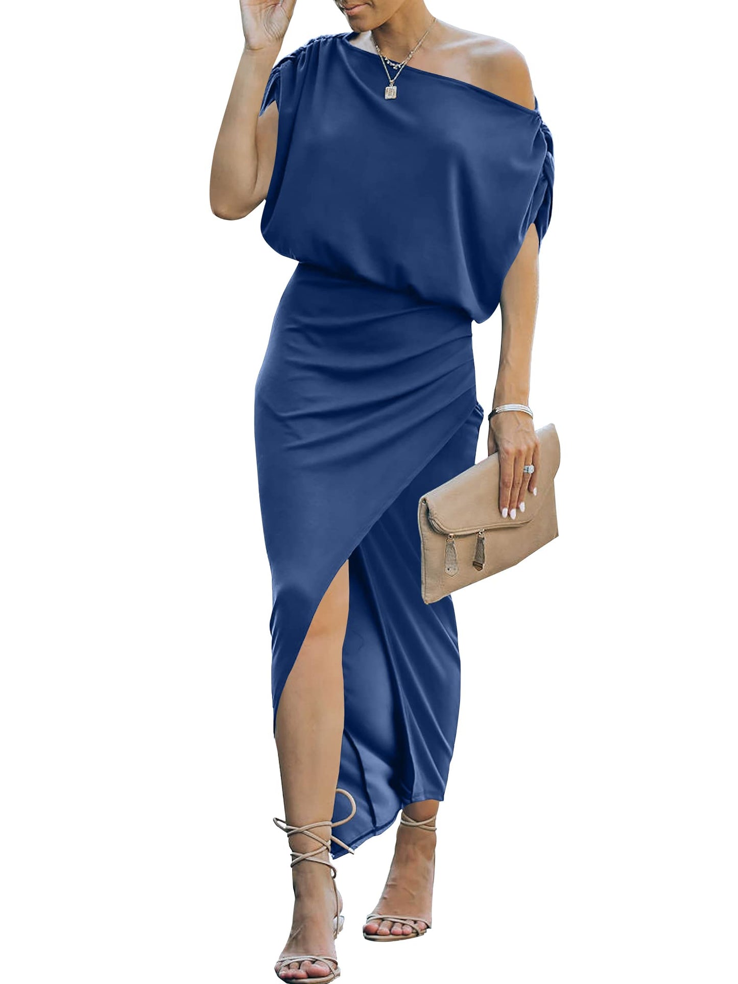 Off Shoulder Short Sleeve Wrap Slit Elegant Dress