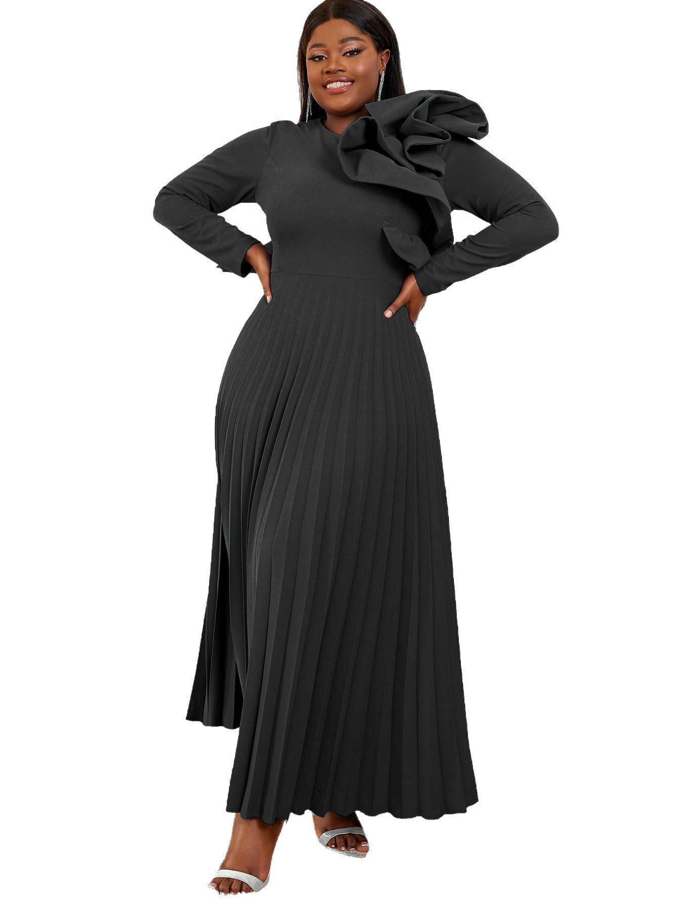 AOMEI Women's Long Sleeve with Asymmetrical Ruffles Pleated A-Line Maxi Dress