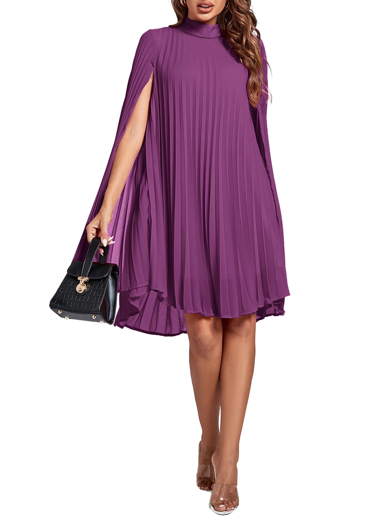 Rooscier Women's Mock Neck Cloak Sleeve Pleated Keyhole Back Flowy Party Midi Dress