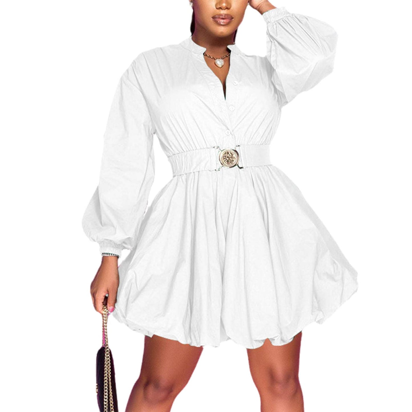 Casual Puffy Short Mini Dress with Belt