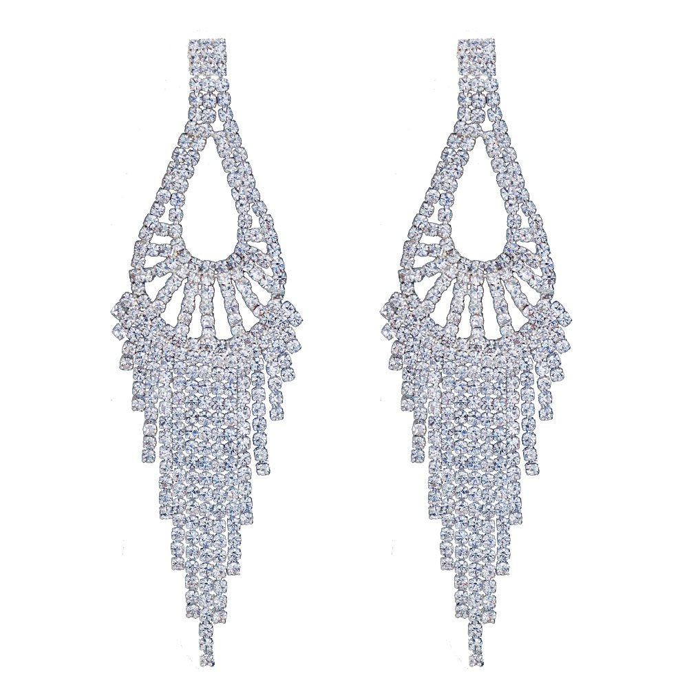 Silver Teardrop Crystal Long Tassels Dangle Earrings Sparkling Rhinestone - A&S All things Glam Boutique