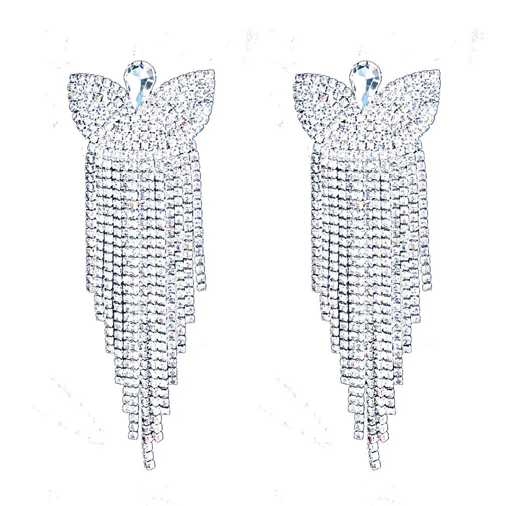 Silver Teardrop Crystal Long Tassels Dangle Earrings Sparkling Rhinestone - A&S All things Glam Boutique