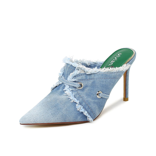 Denim Sandals Stiletto Heels Pumps Lace Up