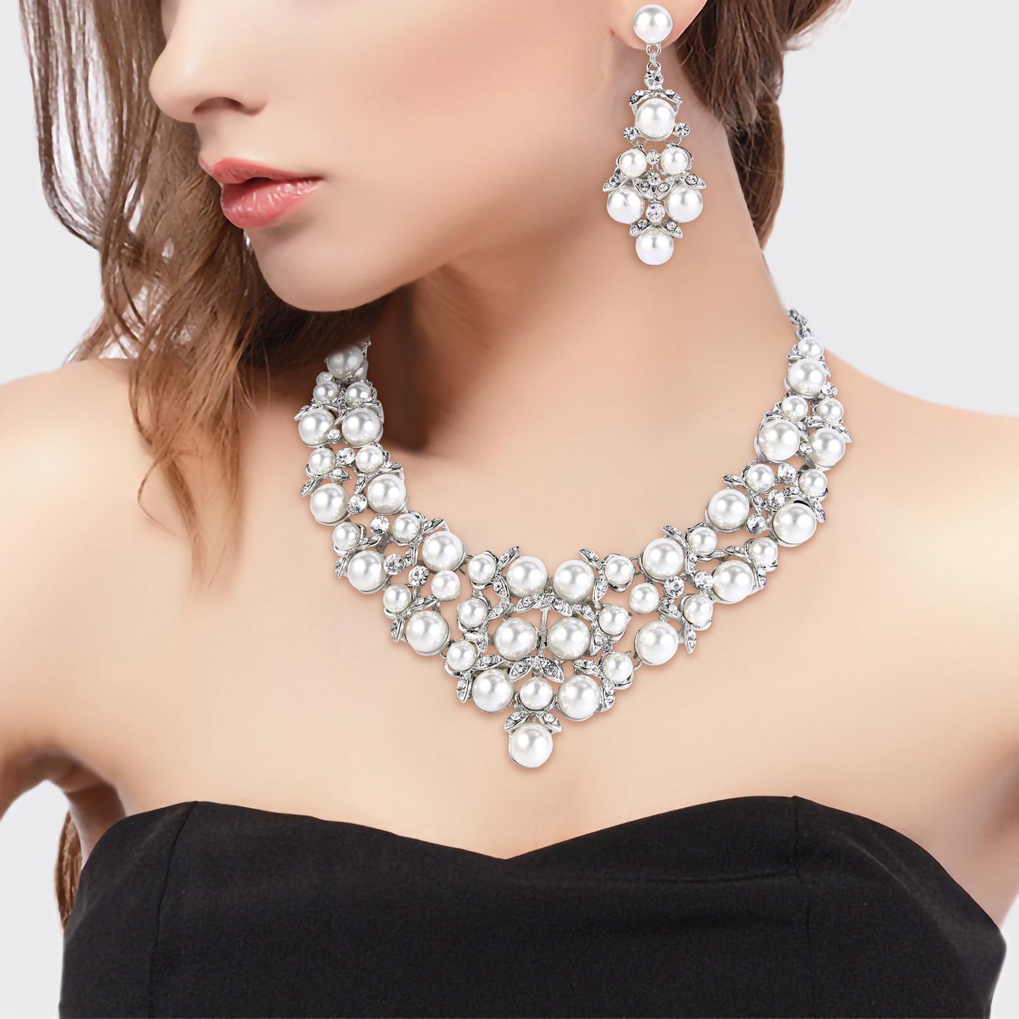 Crystal Pearl Cluster Statement Necklace Set