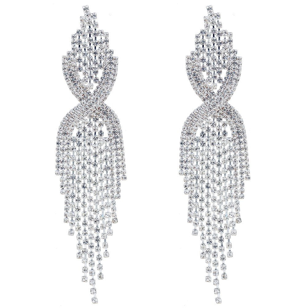 Silver Teardrop Crystal Long Tassels Dangle Earrings Sparkling Rhinestone - A&S All things Glam Boutique