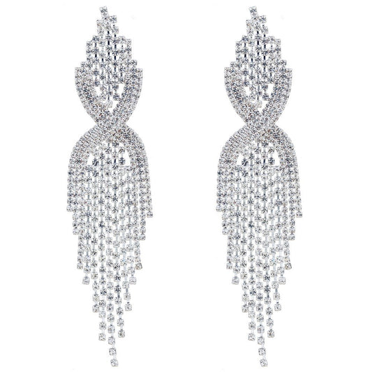 Silver Teardrop Crystal Long Tassels Dangle Earrings Sparkling Rhinestone - A&S All things Glam Boutique