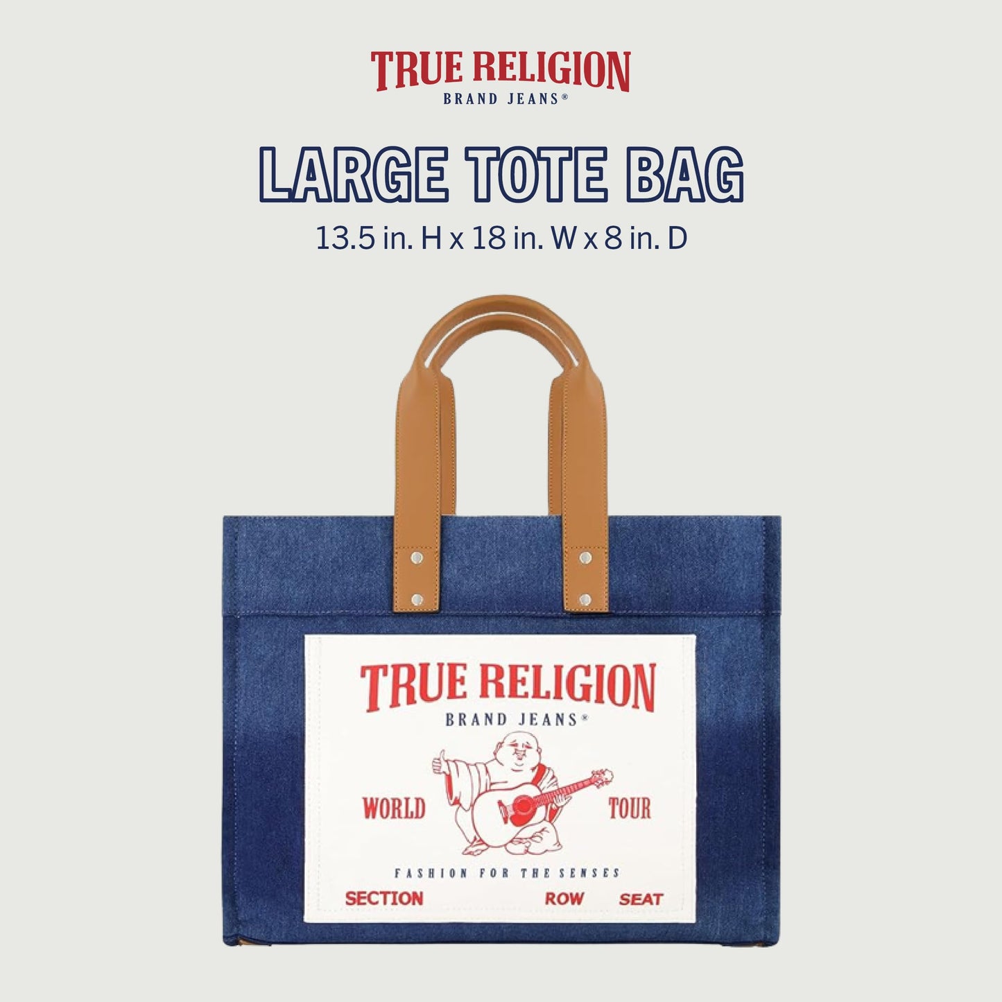 True Religion Large Tote Bag, Canvas Travel Carryall Shoulder Handbag