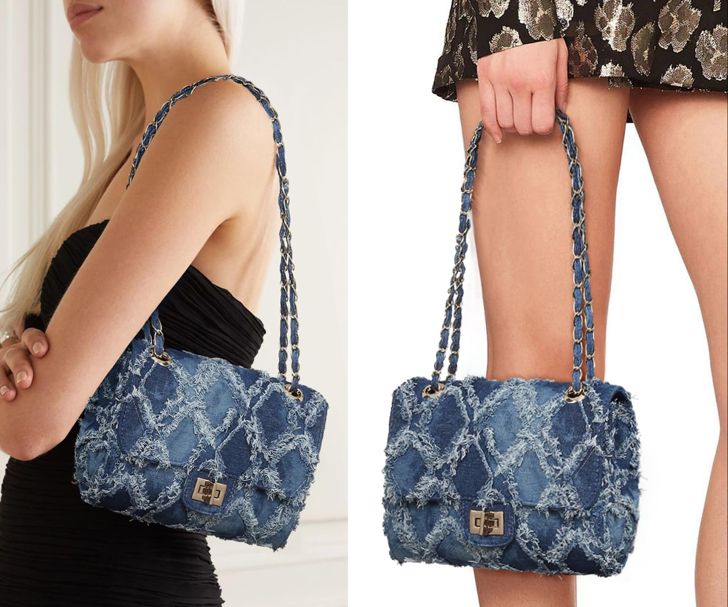 Quilted Crossbody Distressed Jean Denim Purse