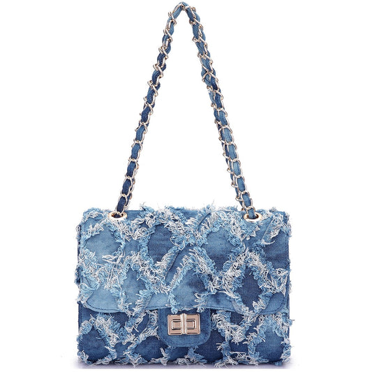 Quilted Crossbody Distressed Jean Denim Purse