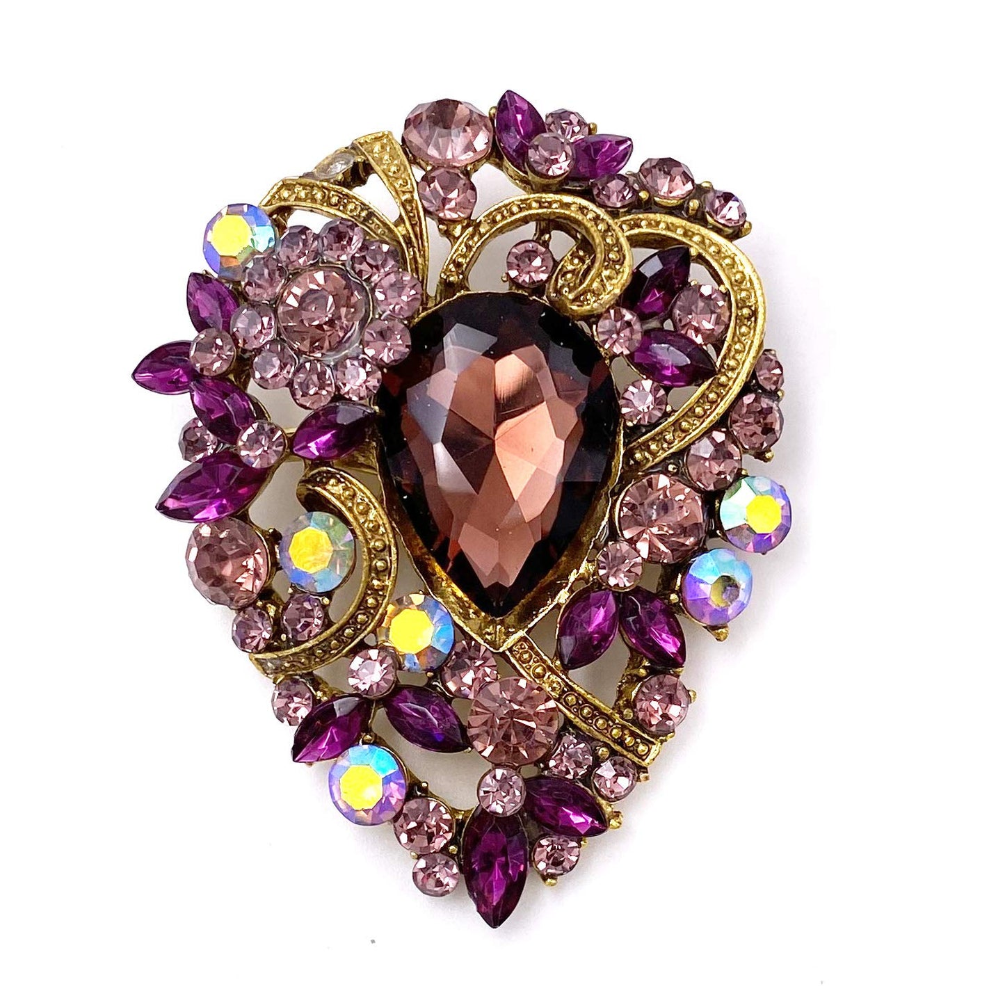 Vintage Austrian Crystal Elegant Flower Teardrop Brooch Gold Tone - A&S All things Glam Boutique