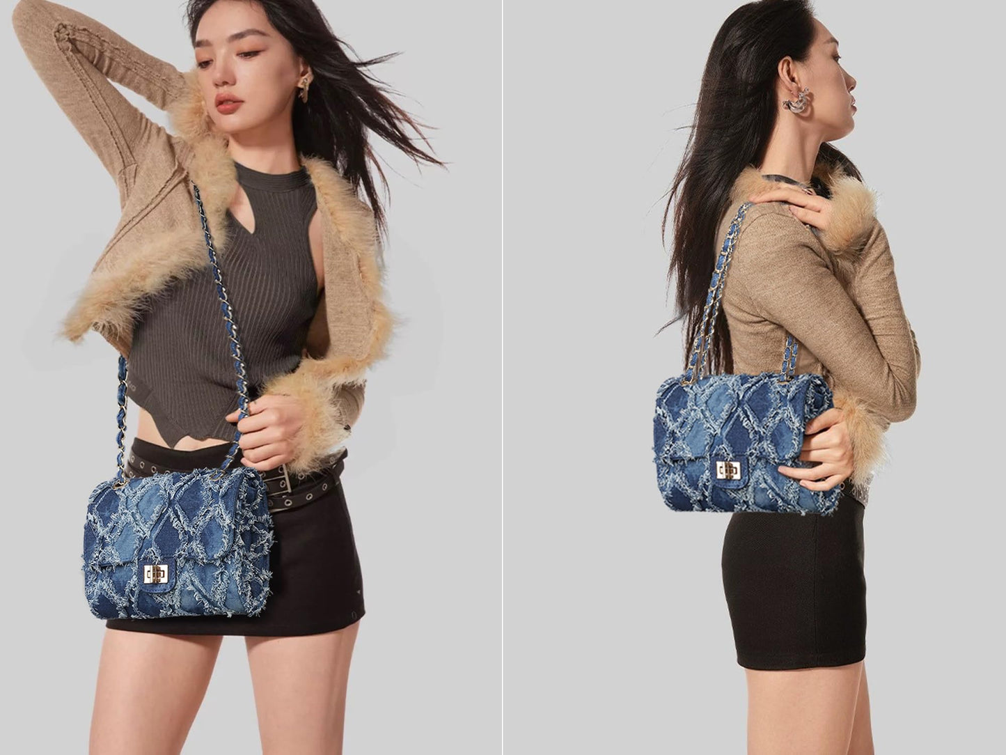 Quilted Crossbody Distressed Jean Denim Purse