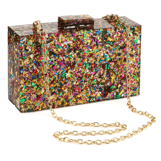 Multicolor Perspex Geometric Patterns Box Clutch