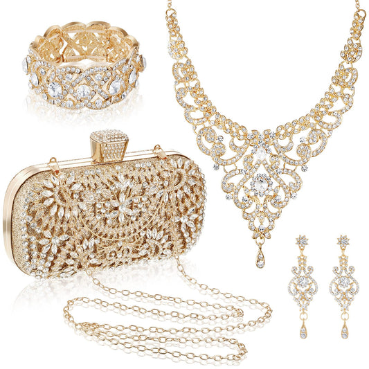 Crystal 4 Pcs Rhinestone Jewelry Set Evening Clutch Bag Bling