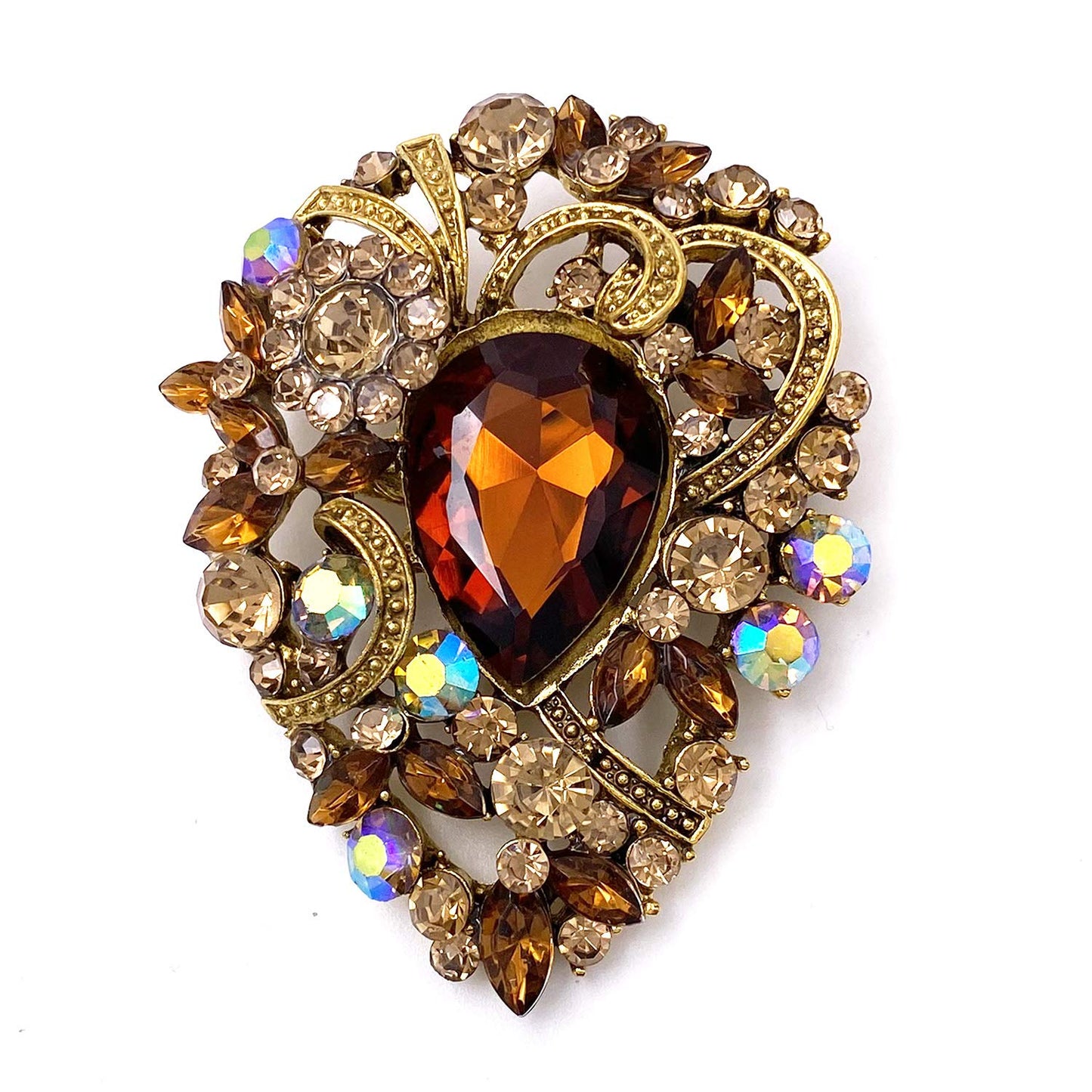 Vintage Austrian Crystal Elegant Flower Teardrop Brooch Gold Tone - A&S All things Glam Boutique