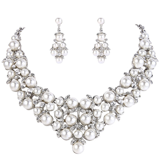 Crystal Pearl Cluster Statement Necklace Set
