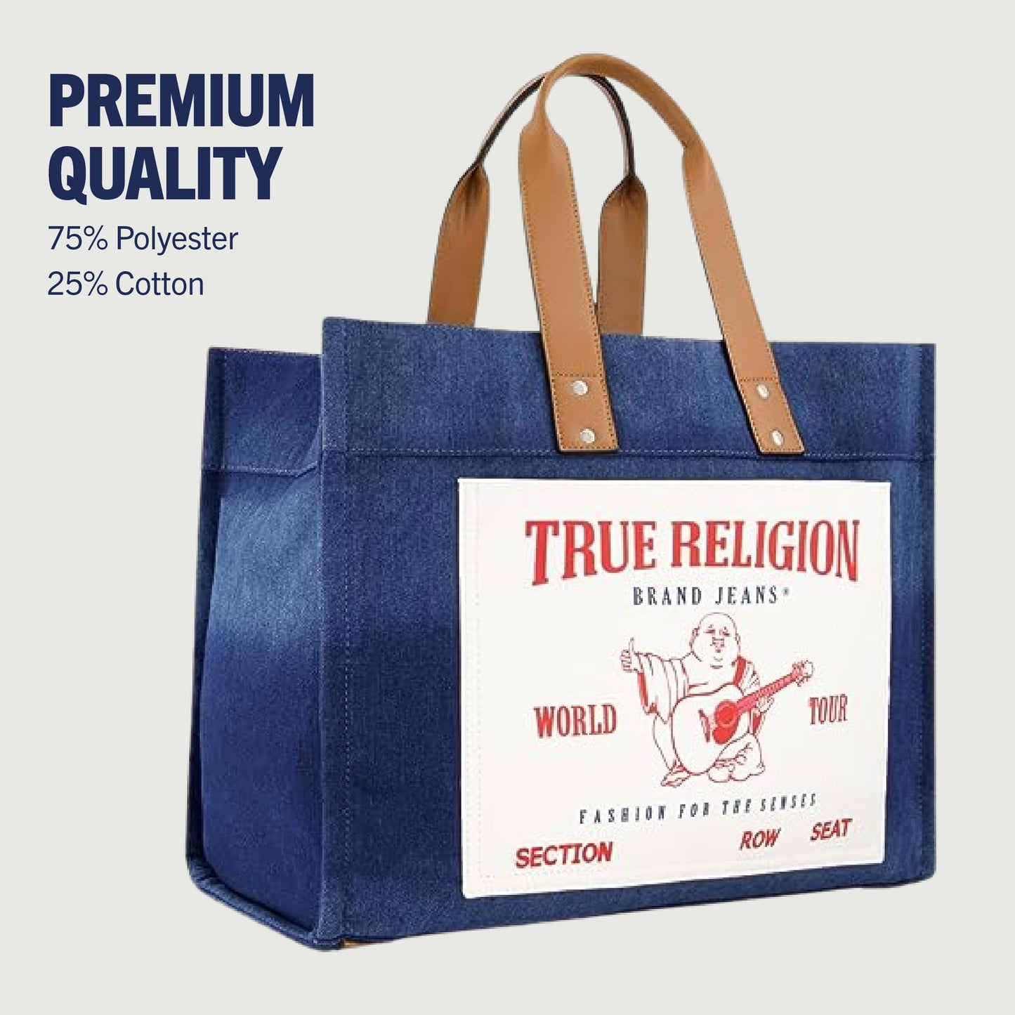 True Religion Large Tote Bag, Canvas Travel Carryall Shoulder Handbag