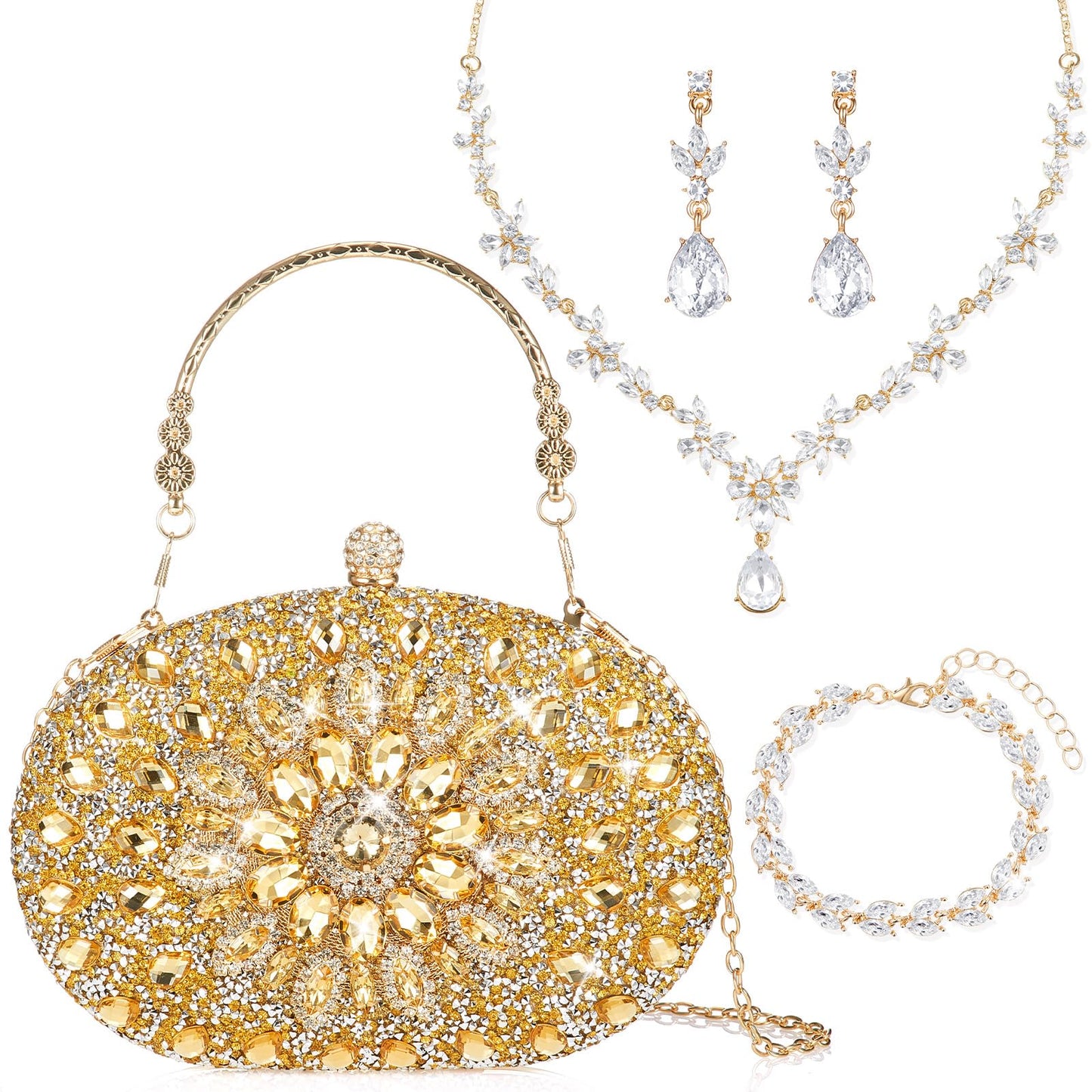 Crystal 4 Pcs Rhinestone Jewelry Set Evening Clutch Bag Bling