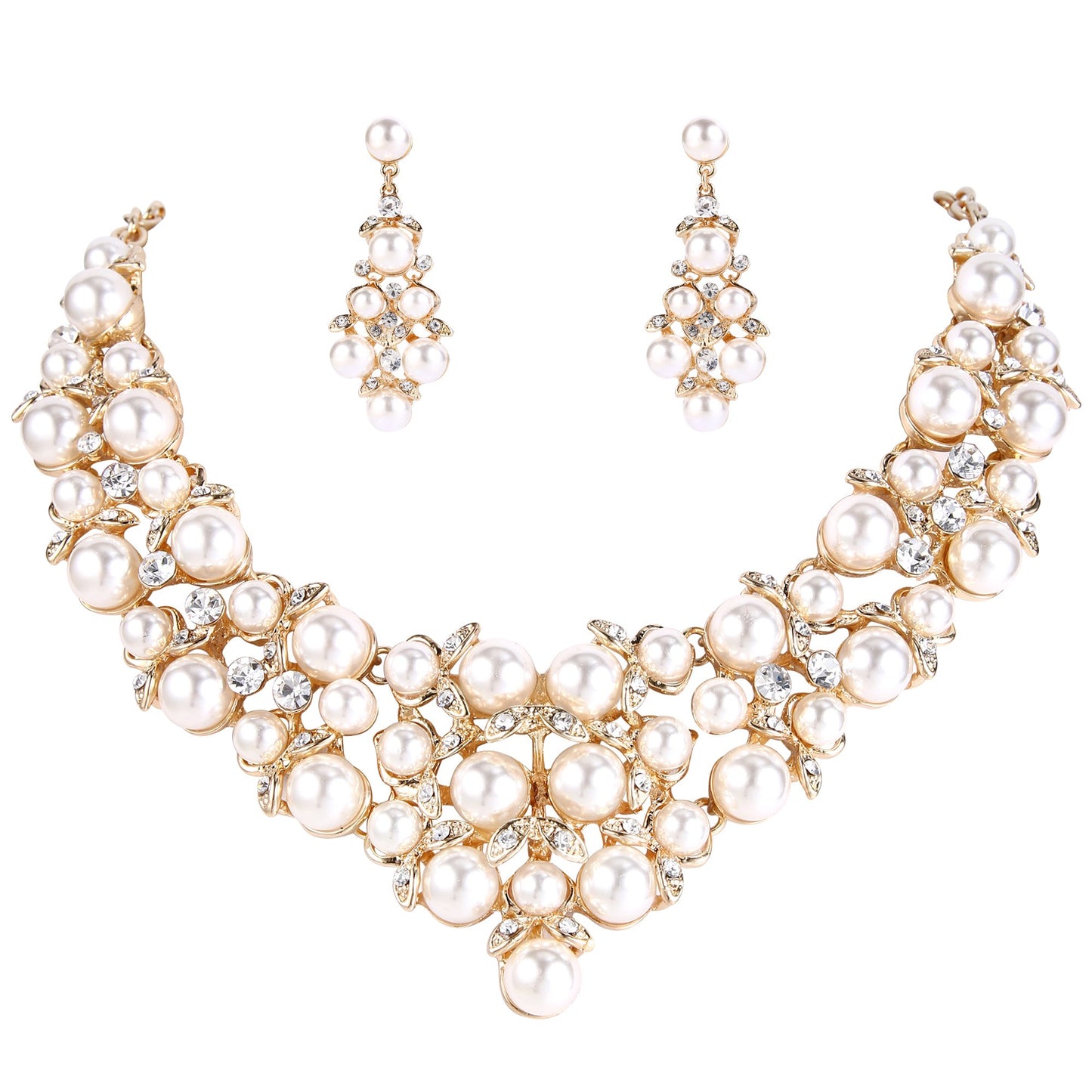 Crystal Pearl Cluster Statement Necklace Set
