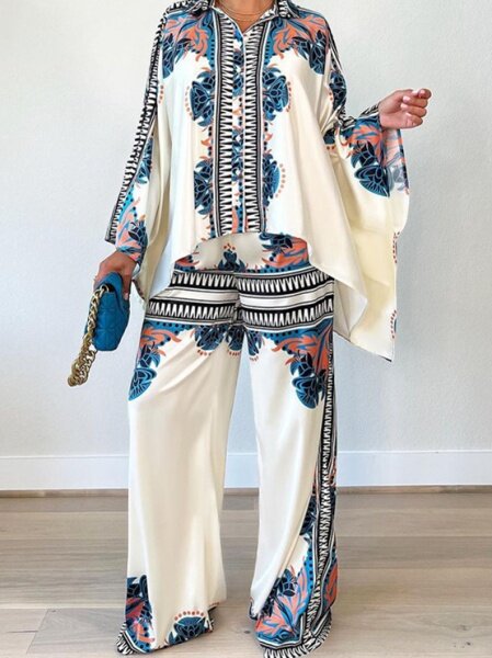 Autumn New Fashion Printed Collared Bat Sleeve Loose Top and Wide-legged Pants Two-piece Set. HWFQRV2LV2 A&S All things Glam Boutique