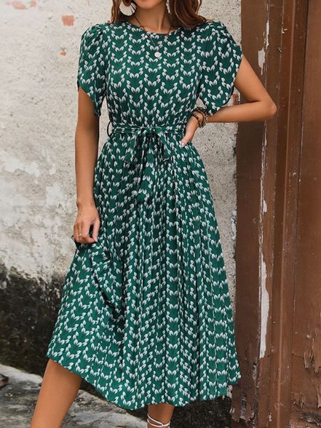 Printed Short Sleeve Midi Dress