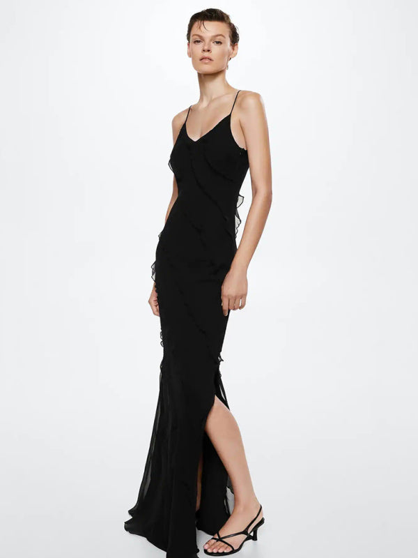 Backless long slit ruffle dress - A&S All things Glam Boutique