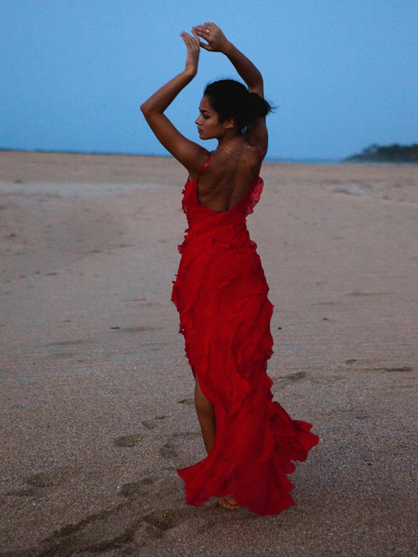 Backless long slit ruffle dress - A&S All things Glam Boutique