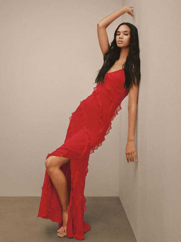 Backless long slit ruffle dress - A&S All things Glam Boutique